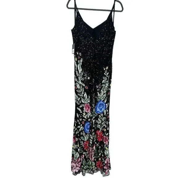 Mac Duggal Floral Embellished Spaghetti Strap Gown Dress Black Size 10 NWT